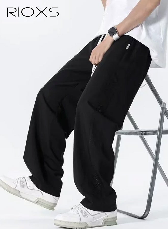 RIOXS Men's Ice-Silk Straight-Leg Pants, Lightweight and Cool Summer Casual Pants with Drawstring, Elastic Waistband, Breathable Mesh Panels, Relaxed Fit, Soft and Stylish Athletic Pants, Versatile for Everyday Casual Wear, Black - Image 5